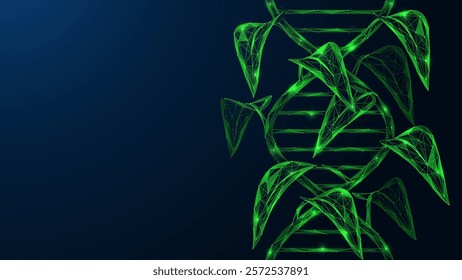 Fresh green leaves growing from a strand of DNA helix.  Polygonal design of interconnected lines and dots.