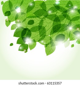 Fresh green leaves and lights. Ecological vector background