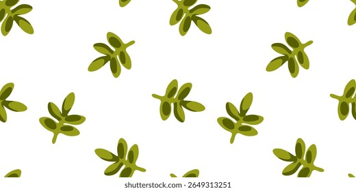 Fresh Green Leaves Pattern. Seamless pattern with fresh green leaves on white background. Flat botanical style, natural theme.