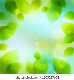 Fresh green leaves summer or spring blurred defocused, realistic bright vector illustration with copy space for text.