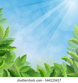 Fresh Green leaves and Sunlight on blue sky. Spring background. Vector eps 10