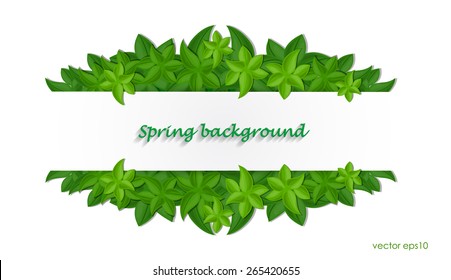 Fresh green leaves with white sticker, spring background. vector eps10.
