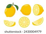 Fresh green lemon set. Whole lemon fruit with leaves, lemons slices and cut lemon. Organic fruits for lemonade juice or vitamin C healthy food. Vector illustration isolated on white background.