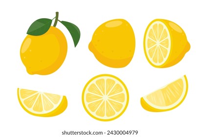 Fresh green lemon set. Whole lemon fruit with leaves, lemons slices and cut lemon. Organic fruits for lemonade juice or vitamin C healthy food. Vector illustration isolated on white background.