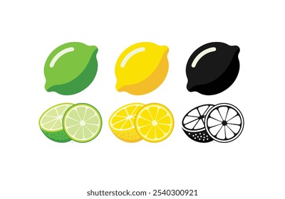 Fresh green lemon silhouette set. Whole lemon fruit with leaves, lemons slices and cut lemon. Organic fruits for lemonade juice or vitamin C healthy food. Vector illustration on white background