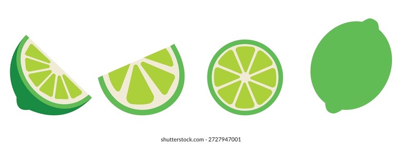 Conjunto de vetores de frutas de limão verde fresco - Limes inteiros, fatias, cunhas e metades com folhas isoladas no fundo branco	