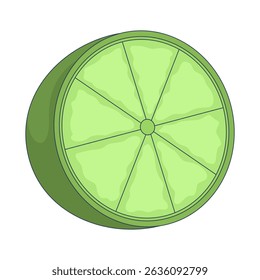 Fresh green lime half 2D cartoon object. Halved citrus fruit tropical. Tangy flavor. Cooking ingredient. Vitamin C. Healthy garnish isolated element flat vector clip art on white. Spot illustration