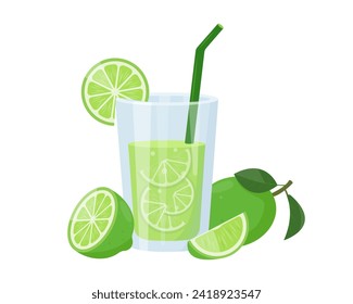 Fresh green lime juice in glass. Weight loss diet vitamin C smoothie. Detox fruit cocktail for healthy dieting. Vector illustration isolated on white background.