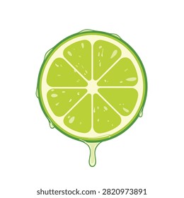 Fresh Green Lime Sliced with Juice Dripping Down Isolated on White Background Vector Illustration