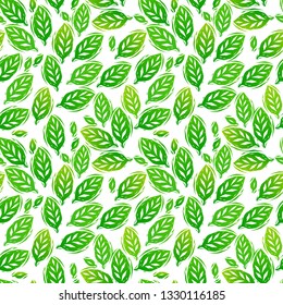 Fresh green linocut leaves spring season seamless pattern, vector