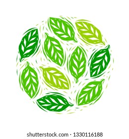 Fresh green linocut silhouettes leaves spring illustration, vector