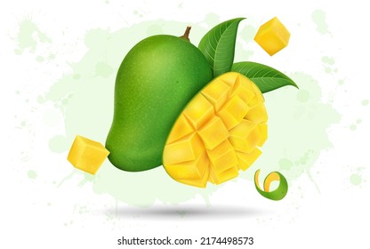 Fresh Green Mango with chopped Green Mango vector illustration with green leaves