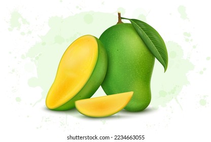 Mango verde fresco con medio mango gráfico vectorial aislado en fondo blanco