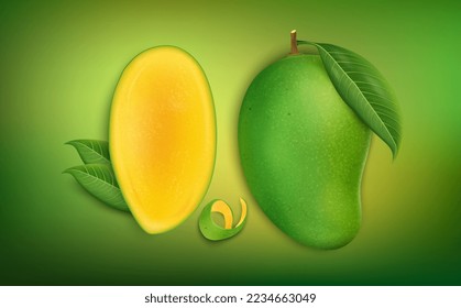Fresh Green Mango with half slices of mango from the top view isolated on white background