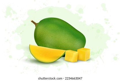 Mango verde fresco con rodajas de mango y cubos de mango iluminados con iluminación vectorial 