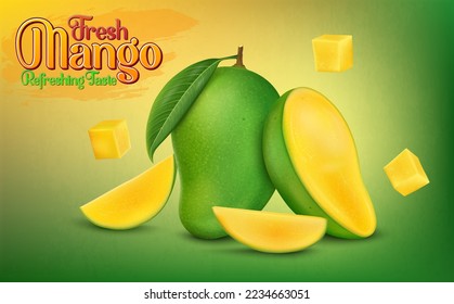 Mango verde fresco con rodajas y trozos de ilustración vectorial de mango