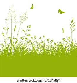 Fresh Green Meadow Landscape with Herbage and Butterflies in Springtime on White Background - Grass, Grassland - Vector Illustration
