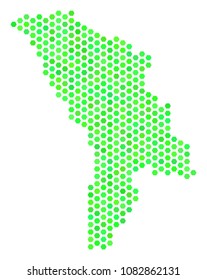 Fresh green Moldova map. Vector honeycomb territory scheme in green color hues. Abstract Moldova map concept is designed with hexagon items.