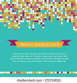 Fresh green mosaic background with badge. Vector illustration.