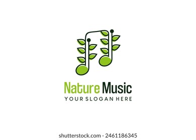 Diseño fresco del logotipo de la música natural verde con el símbolo simple del icono de la hoja de nota