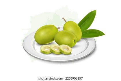 Fresh Green Olive fruit vector illustration with olive slices and green leaves