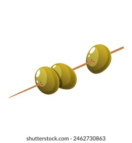 Fresh green olives on skewer isolated on white background.