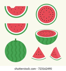 fresh green open watermelon half, slices and triangles. Red watermelon piece with bite. Sliced Cartoon water melon fruit vector set. Illustration of watermelon freshness nature