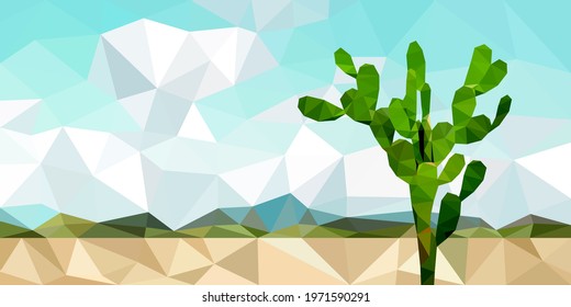 Fresh green opuntia tropical cactus icon on sunshine desert hill sand landscape view low polygon background. Panorama forest leaf tree park nature scenery white clouds sky polygonal illustration.