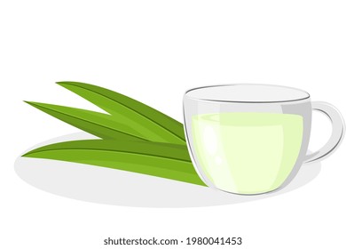 Fresh Green Pandan Leaf (Pandanus Amaryllifolius Come) And Cup Glass Of Pandan Juice Tea Isolated On White Background. Icon Vector Illustration.