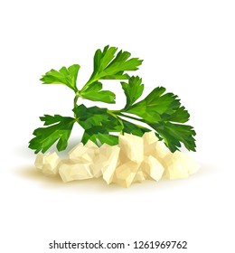 Fresh green parsley and tasty garlic. Symbols of spice. Elements for design. Vector illustration. Spices ingredients in triangulation technique. Parsley and garlic low poly.