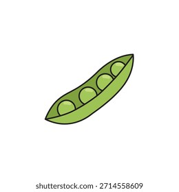 Fresh green pea pod vector illustration icon with peas inside in flat cartoon style isolated on white background