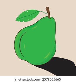 Fresh Green Pear with Detailed Leaf Illustration