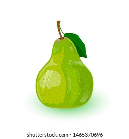 Fresh green pear with leaf. Pomaceous fruit using for cooking jellies, jams, juice, perry, cider. Cartoon vector icon isolated on white background. Healthy snack. Ingredient for vegetarian kitchen.