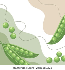 Fresh green peas background. A composition of green peas with organic shapes and leaves on an abstract background. Card, banner, poster.