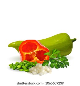 Fresh green plant, nutritious onion, tasty red and green pepper. Vector illustration. Vegetables ingredients in triangulation technique. Pepper low poly.