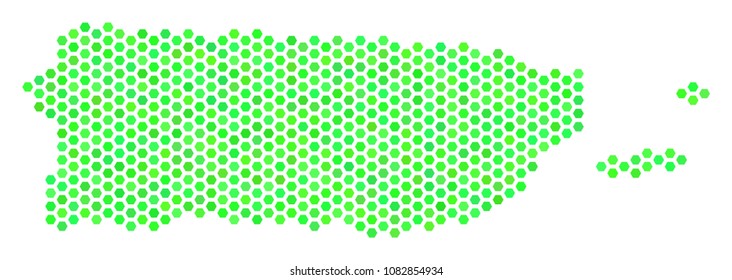 Fresh green Puerto Rico map. Vector hex-tile territorial scheme in fresh green color shades. Abstract Puerto Rico map mosaic is created with hex-tile blots.