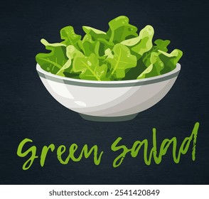 Icono de Vector de ensalada verde fresco. Ilustración de dibujos animados de un tazón de ensalada verde fresca y cruda, dietas veganas y vegetarianas. Ensalada hecha de variedad de hojas verdes, espinacas o col rizada en pizarra oscura