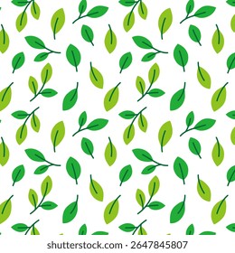 Fresh green seamless leaf pattern with simple botanical branches and foliage. Ideal for nature backgrounds, textile prints, wrapping paper, and eco-friendly design projects.