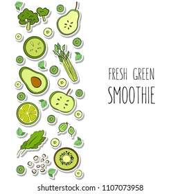 Fresh green smoothie set, ingredients for detox cocktail, healthy drink. Vector illustration for cafe menu, stickers, decoration, website or product design, place for text