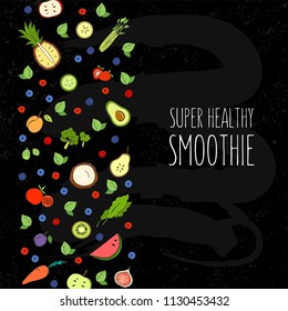 Fresh green smoothie set, ingredients for detox cocktail, healthy drink. for cafe menu, stickers, decoration, website or product design, place for text. Black background, charcoal desk texture, eps10