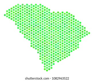 Fresh green South Carolina State map. Vector honeycomb geographic scheme drawn with eco green color tints. Abstract South Carolina State map mosaic is designed with honeycomb blots.