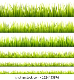 Fresh and green spring grass sprouts and herbal growth seamless banners. Springtime lawn panorama in a sunlight. Foliage lines for website footers and decorations.