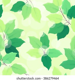 Fresh green spring leaves and branches seamless pattern with bokeh. Retro vector background