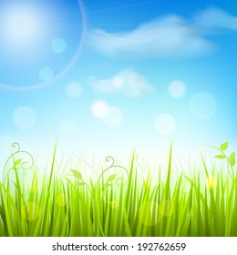 Fresh green spring meadow grass under the blue sky decorative background poster print vector illustration