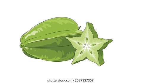 Fruta verde-estrelada fresca e uma fatia da sua forma estelar isolada sobre fundo branco.