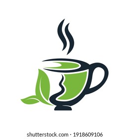 Fresh Green tea logo design template.   green Tea cup and leafs logo vector design.