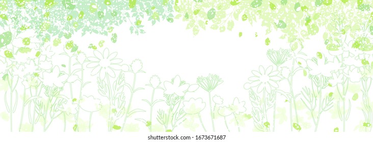 Fresh green trees and various flowers. Natural and refreshing illustration