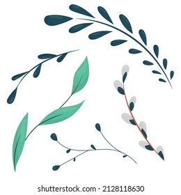 ramas y hojas verdes frescas, sauce de primavera, elemento vectorial de estilo plano lindo aislado