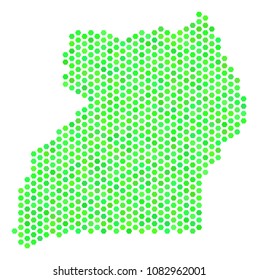 Fresh green Uganda map. Vector hexagonal territory plan in green color variations. Abstract Uganda map mosaic is designed of hex tile items.