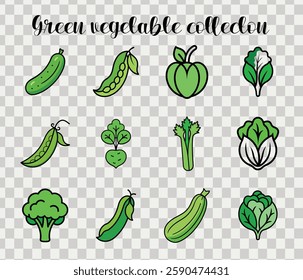 Fresh green vegetable icons set featuring cucumbers, peas, lettuce, and more for culinary and organic designs.







